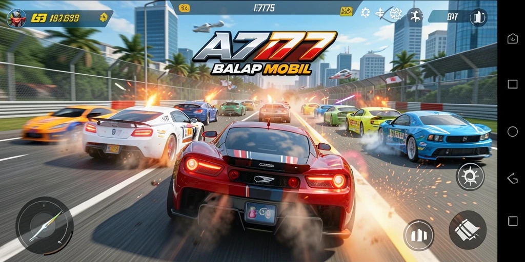 Tampilan antarmuka A7777 menampilkan balapan mobil yang mendebarkan.