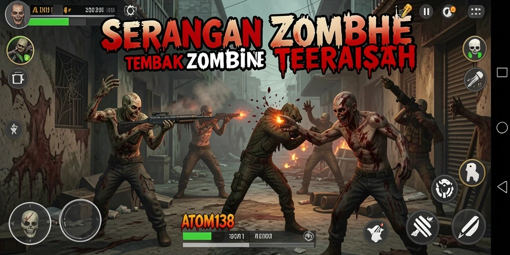 Tampilan antarmuka game Tembak Zombie ATOM138 yang mendebarkan.